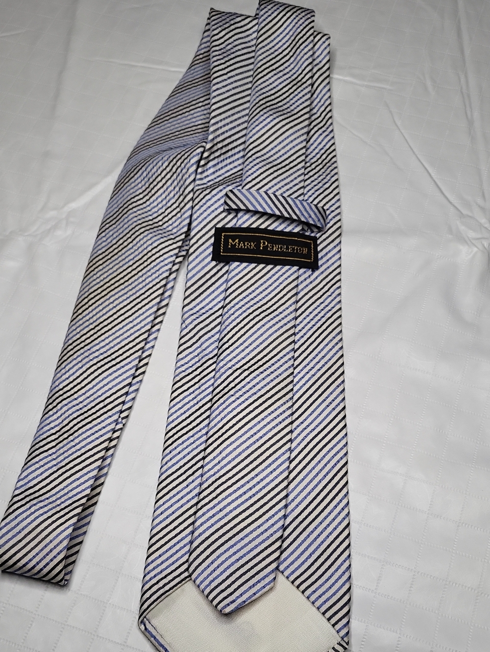 Mark Pendleton Seersucker Blue, Black and White Diagonal Stripe Silk Tie 58x3.5"